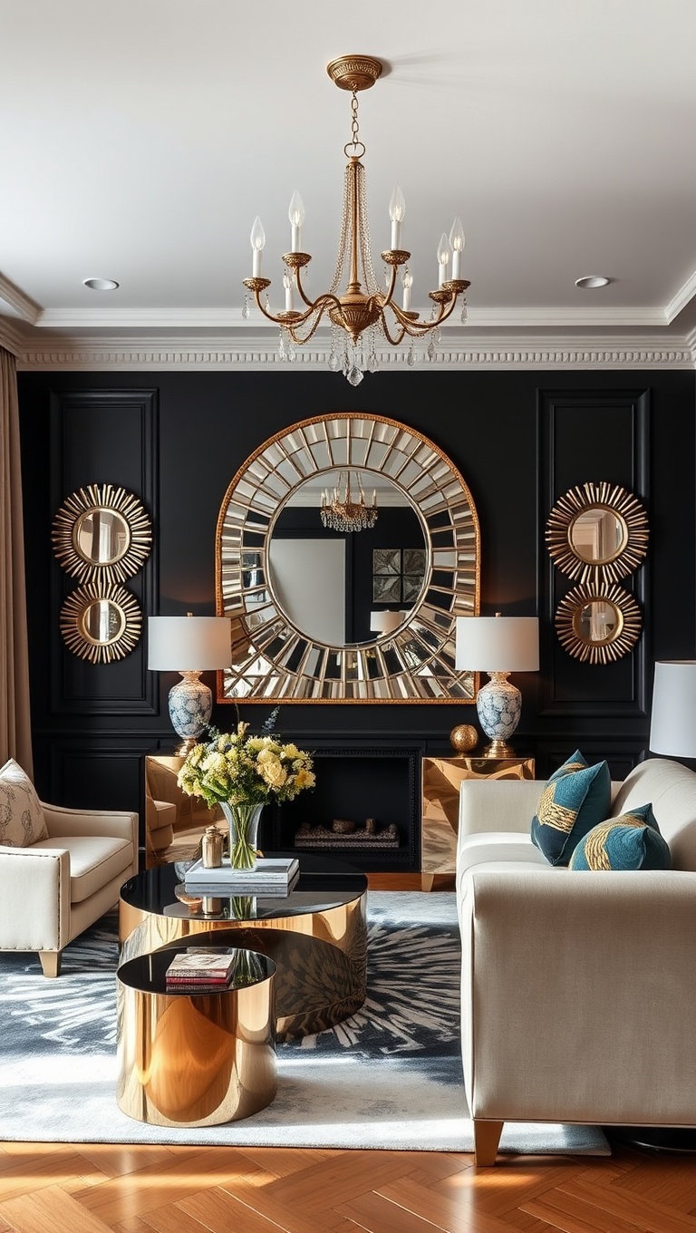 20 Glam Living Room Ideas that Sparkle and Shine - 8. Decorative Mirrors: Expand and Brighten