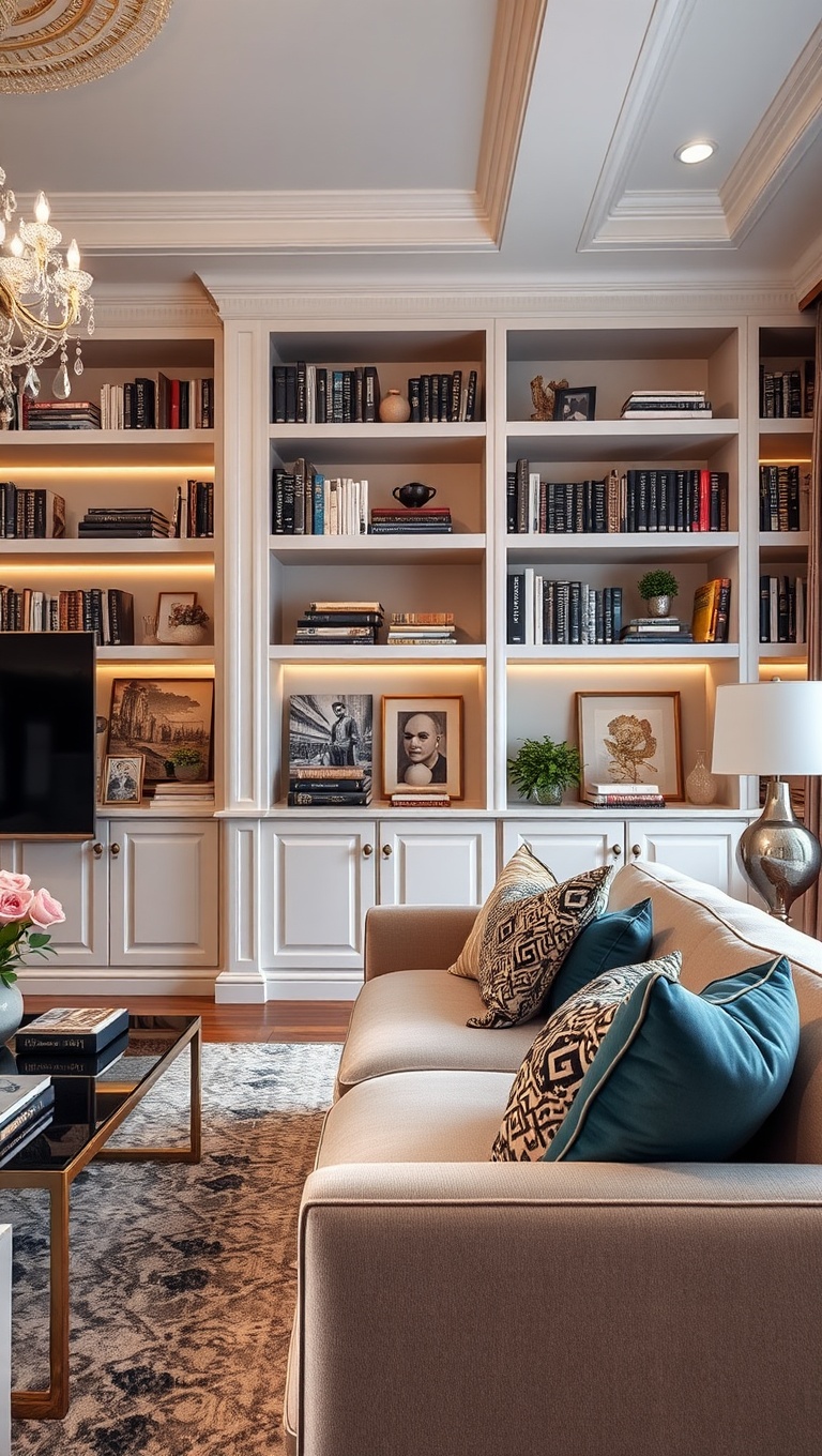 20 Glam Living Room Ideas that Sparkle and Shine - 14. Glamorous Bookshelves: Style Meets Function