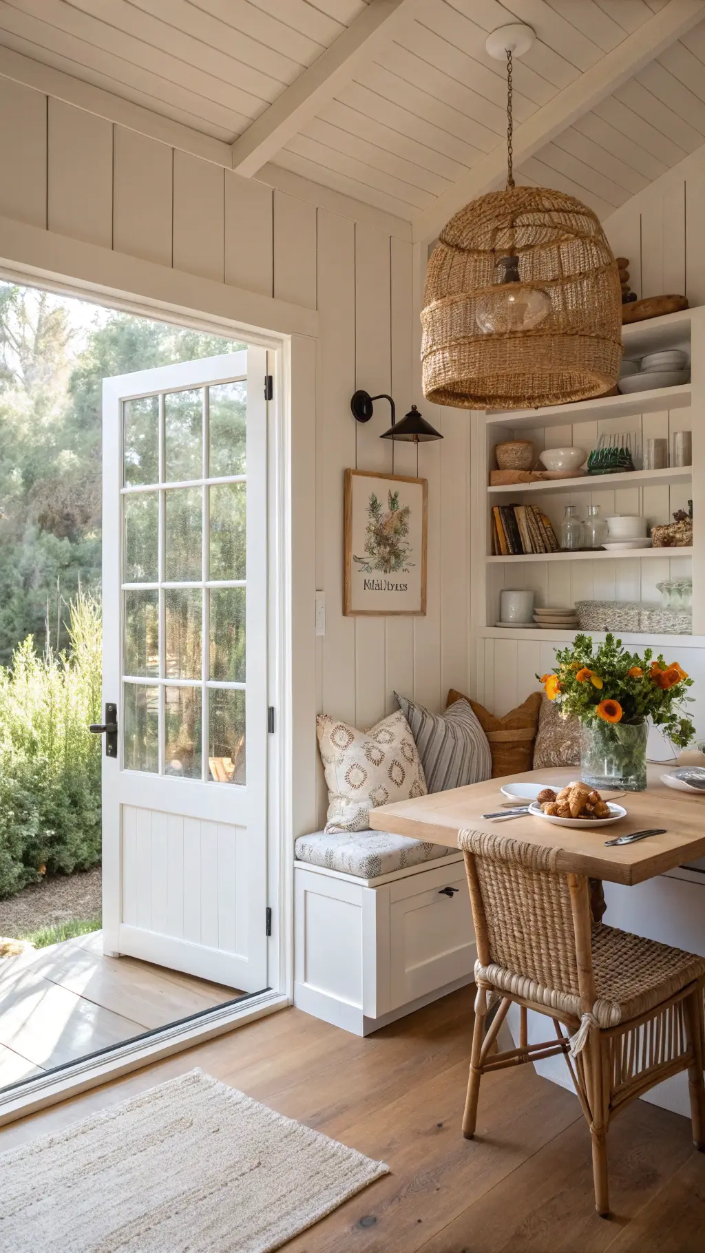 bright, inviting breakfast nook with built-in banquette, open shelves displaying vintage enamelware, and French doors flooding the cabin kitchen with morning light