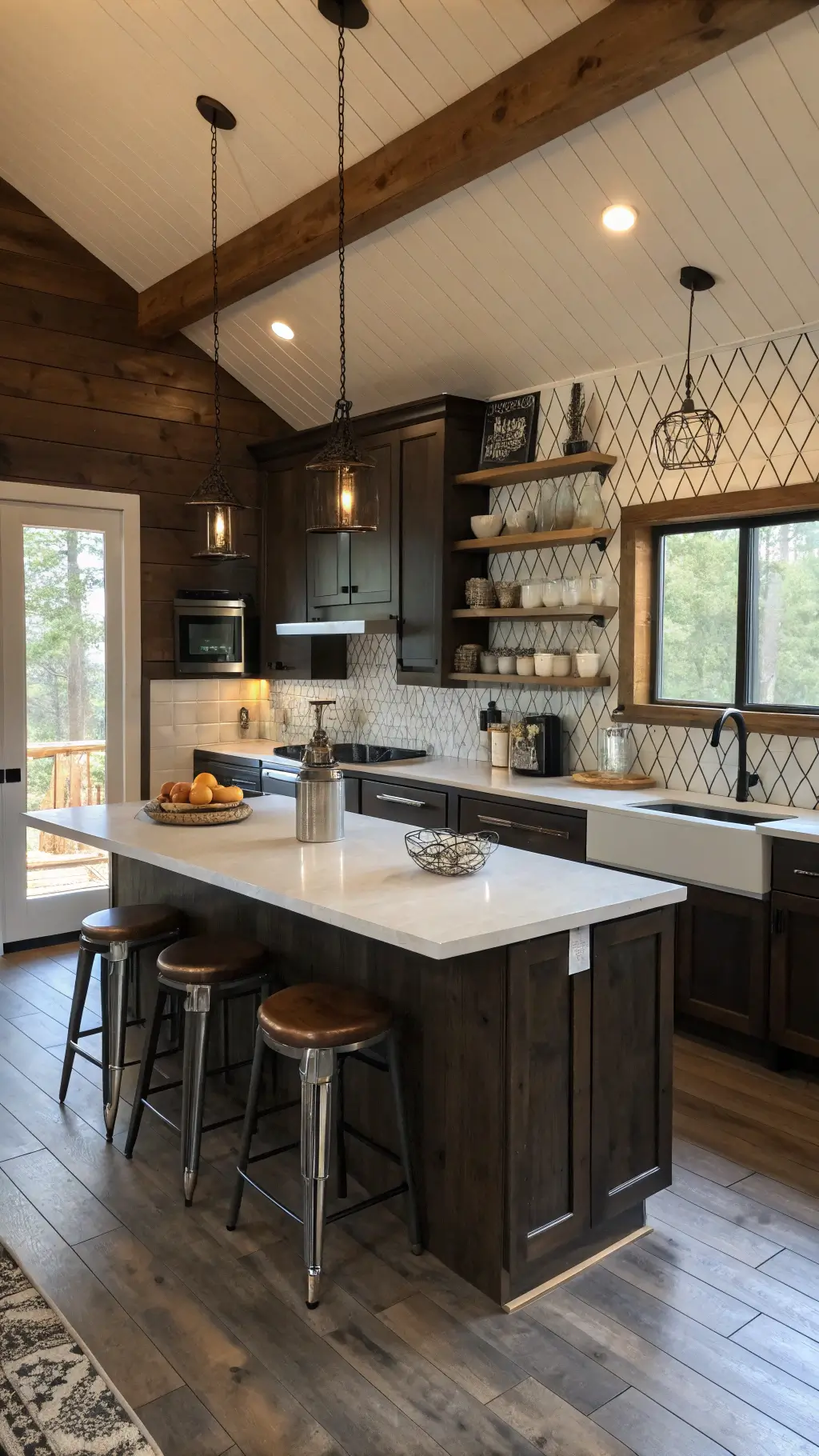 modern rustic cabin kitchen with dark oak cabinets, white quartz countertops, geometric tile backsplash, steel leather barstools under peninsula, bathed in soft afternoon light