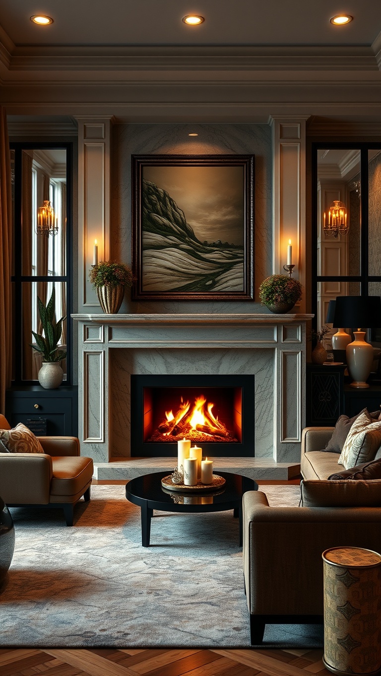 20 Glam Living Room Ideas that Sparkle and Shine - 19. Inviting Fireplaces: Warmth and Style