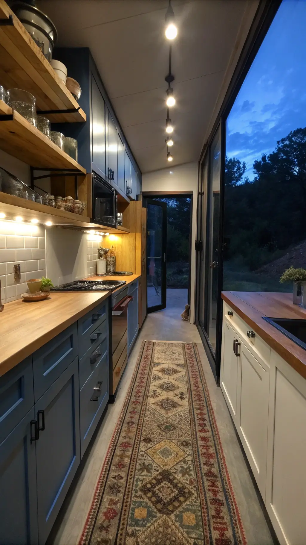 twilight image of a compact galley kitchen with two-tone cabinetry, floating steel shelves, under-cabinet lighting, and a vintage runner adding character