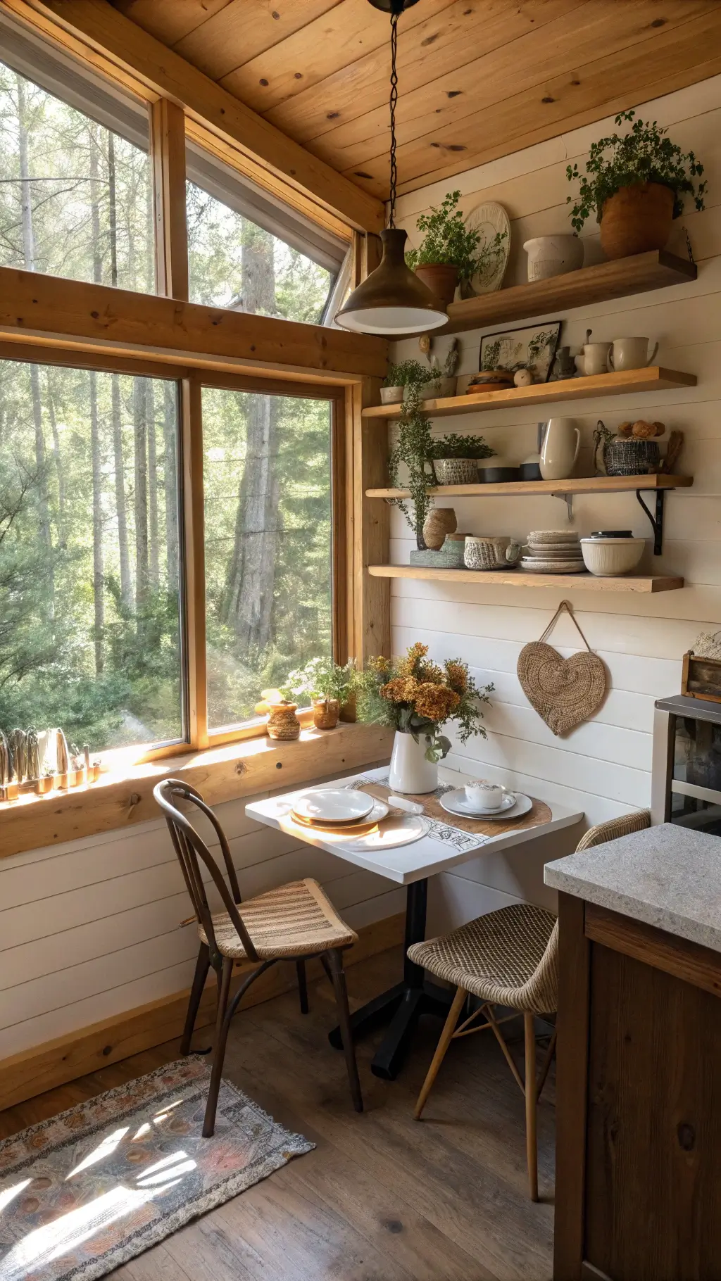 airy cabin kitchen nook with corner windows, reclaimed wood shelves adorned with pottery, small café table with vintage chairs, macramé plant hanger, seasonal flowers, and handmade ceramics