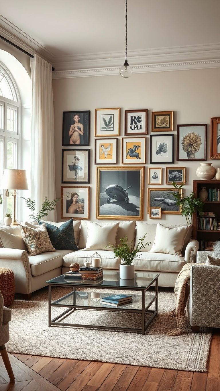 20 Charming Ideas for a Shabby Chic Living Room - Craft a Gallery Wall: Showcase Your Artistic Flair