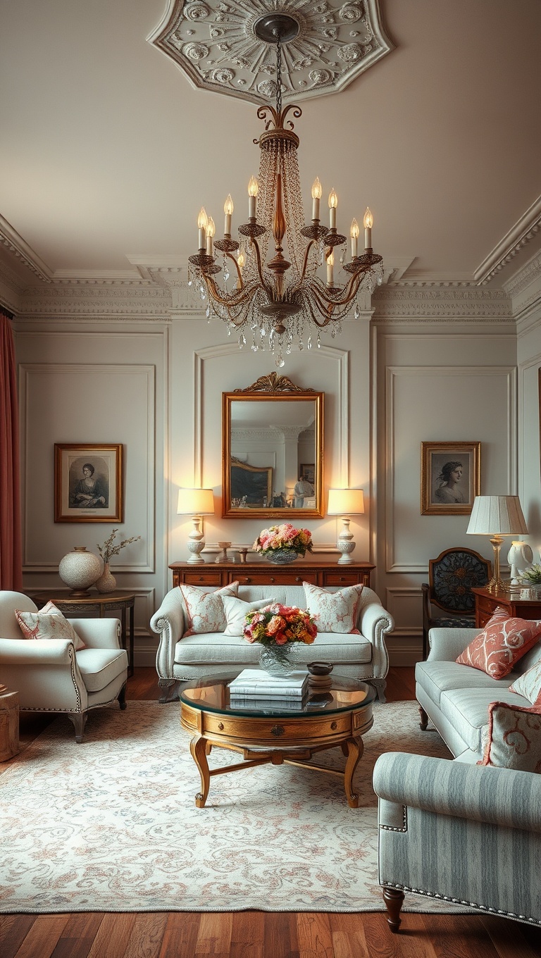 20 Charming Ideas for a Shabby Chic Living Room - Elegant Chandeliers: Lighting with Vintage Flair
