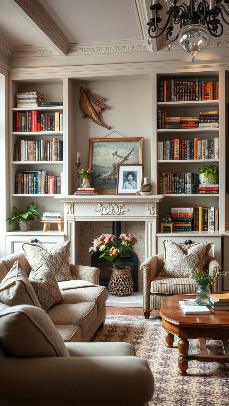 20 Charming Ideas for a Shabby Chic Living Room - Books as Decor: Shelves Brimming with Personality