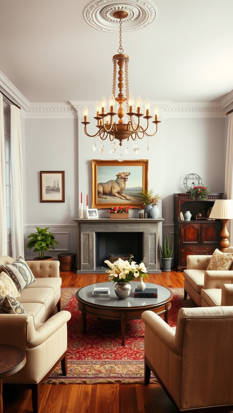 20 Charming Ideas to Create Your Dream Vintage Living Room - 3. Add a Statement Chandelier