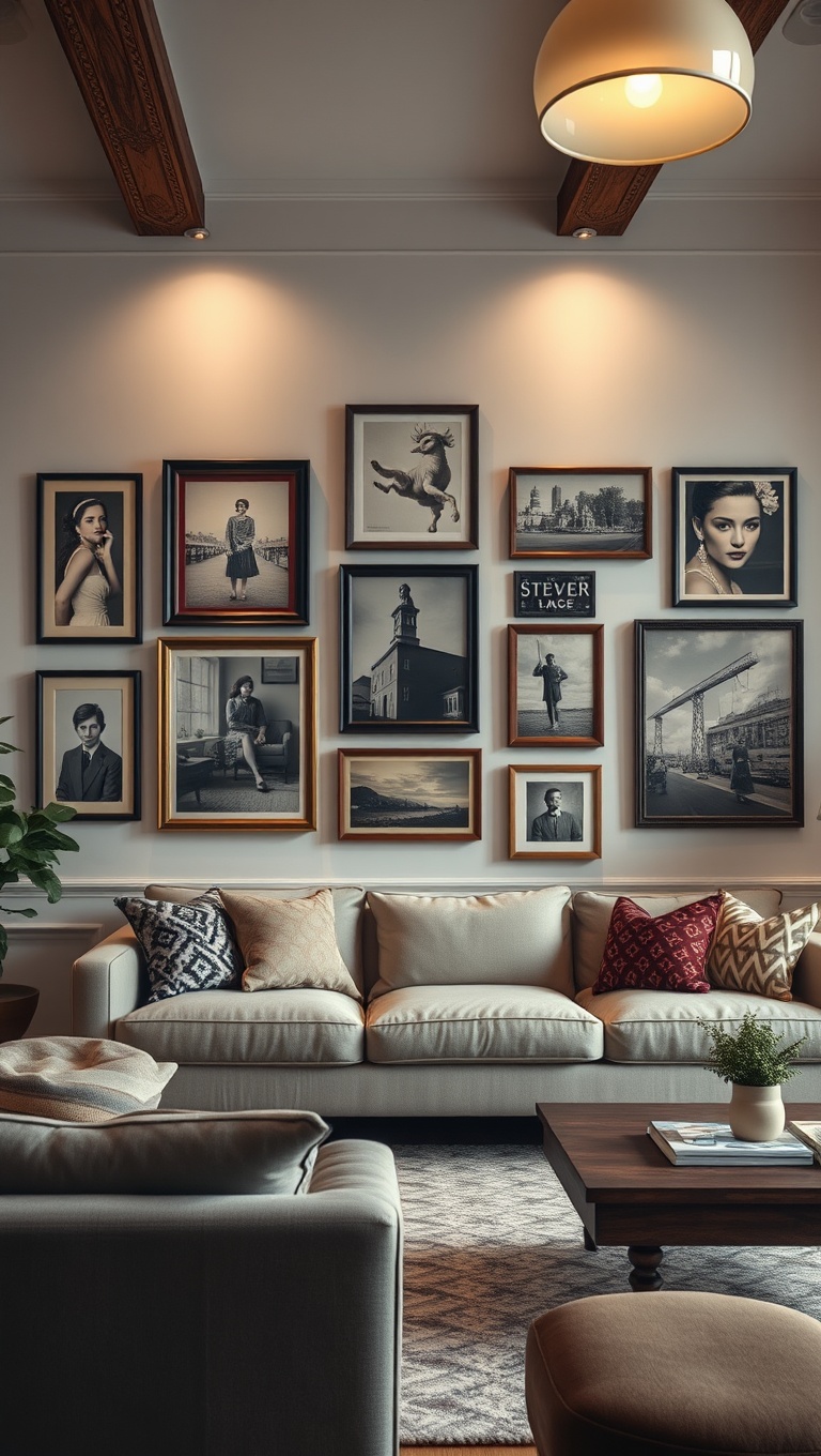 20 Charming Ideas to Create Your Dream Vintage Living Room - 8. Create a Gallery Wall of Vintage Art