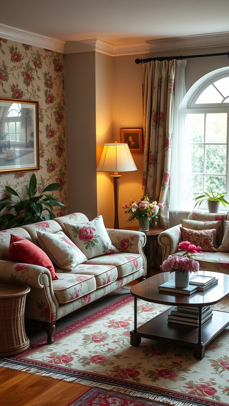 20 Charming Ideas to Create Your Dream Vintage Living Room - 14. Use Floral Patterns for Softness