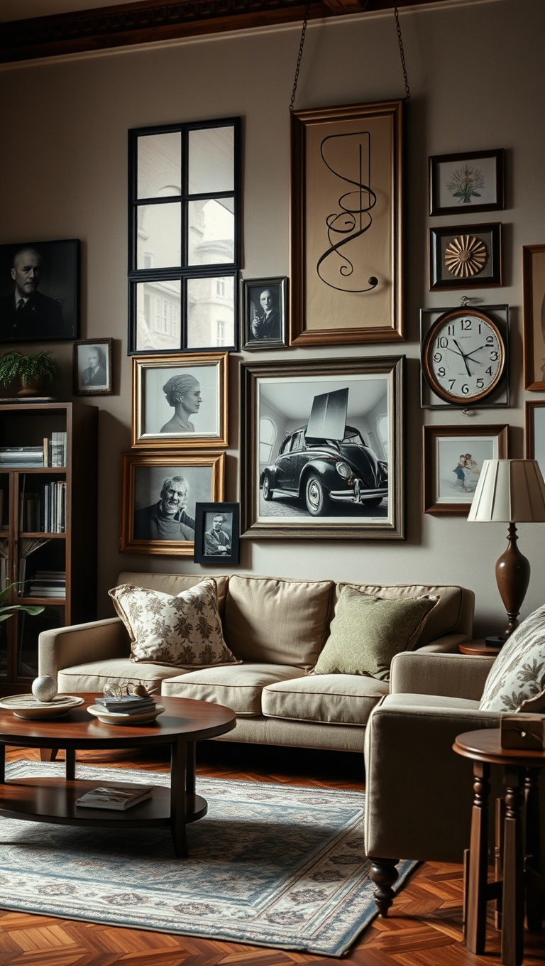 20 Charming Ideas to Create Your Dream Vintage Living Room - 20. Curate a Collection of Vintage Frames