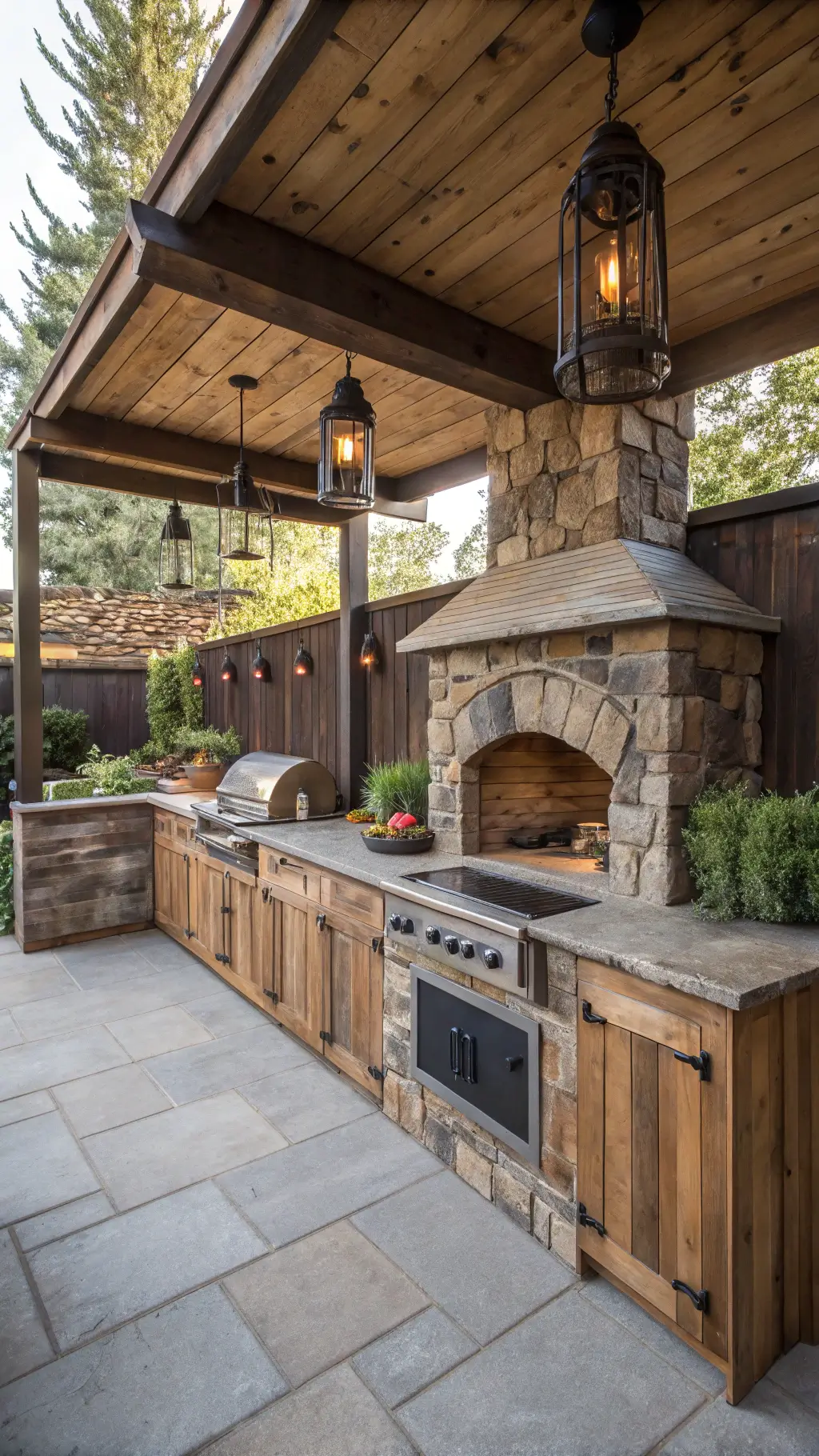 rustic farmhouse outdoor kitchen with reclaimed wood cabinets, built-in pizza oven, polished concrete countertops, vintage pendant lights, vertical herb garden in midday light.