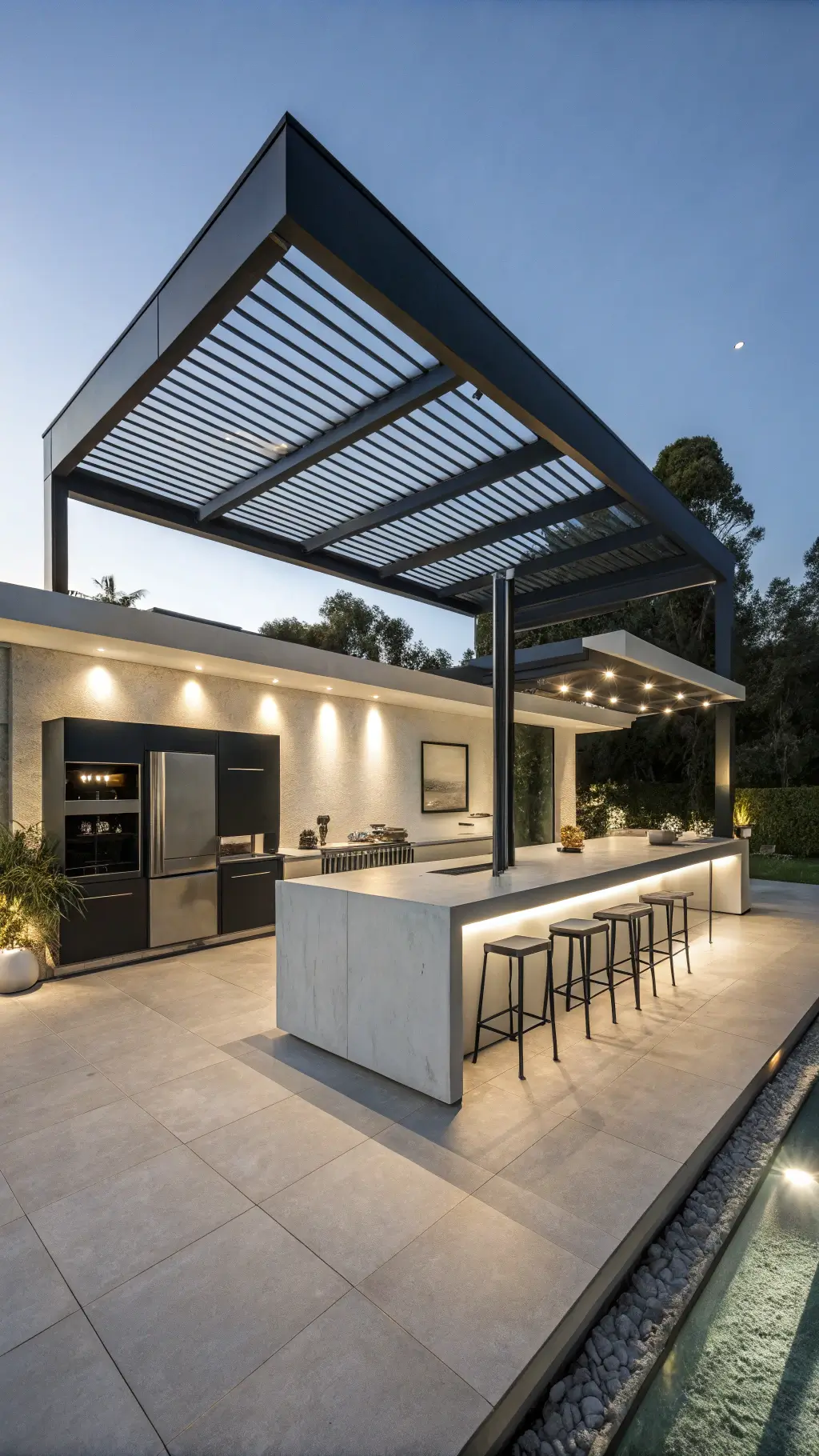 modern minimalist outdoor kitchen under floating metal pergola with concrete island, sleek black appliances, white cabinets illuminated by LED strips, charcoal porcelain tile flooring, protected glass windbreaks, photographed at blue hour with dramatic uplighting.