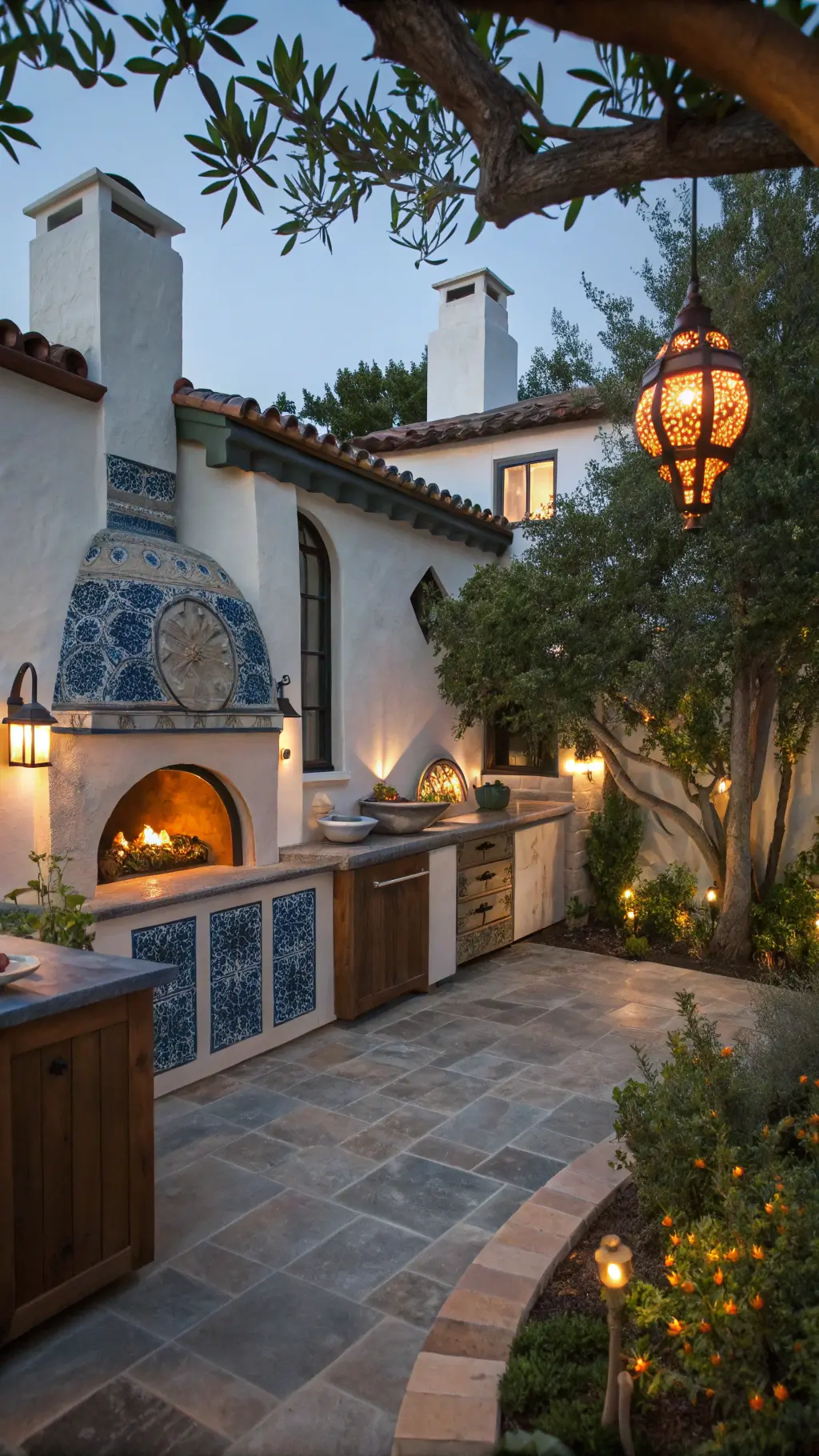 Mediterranean-style outdoor kitchen courtyard at dusk with whitewashed stucco walls, cobalt blue tiles, stone pizza oven, copper hood, olive wood island with limestone top, wrought iron lanterns, and potted citrus trees.