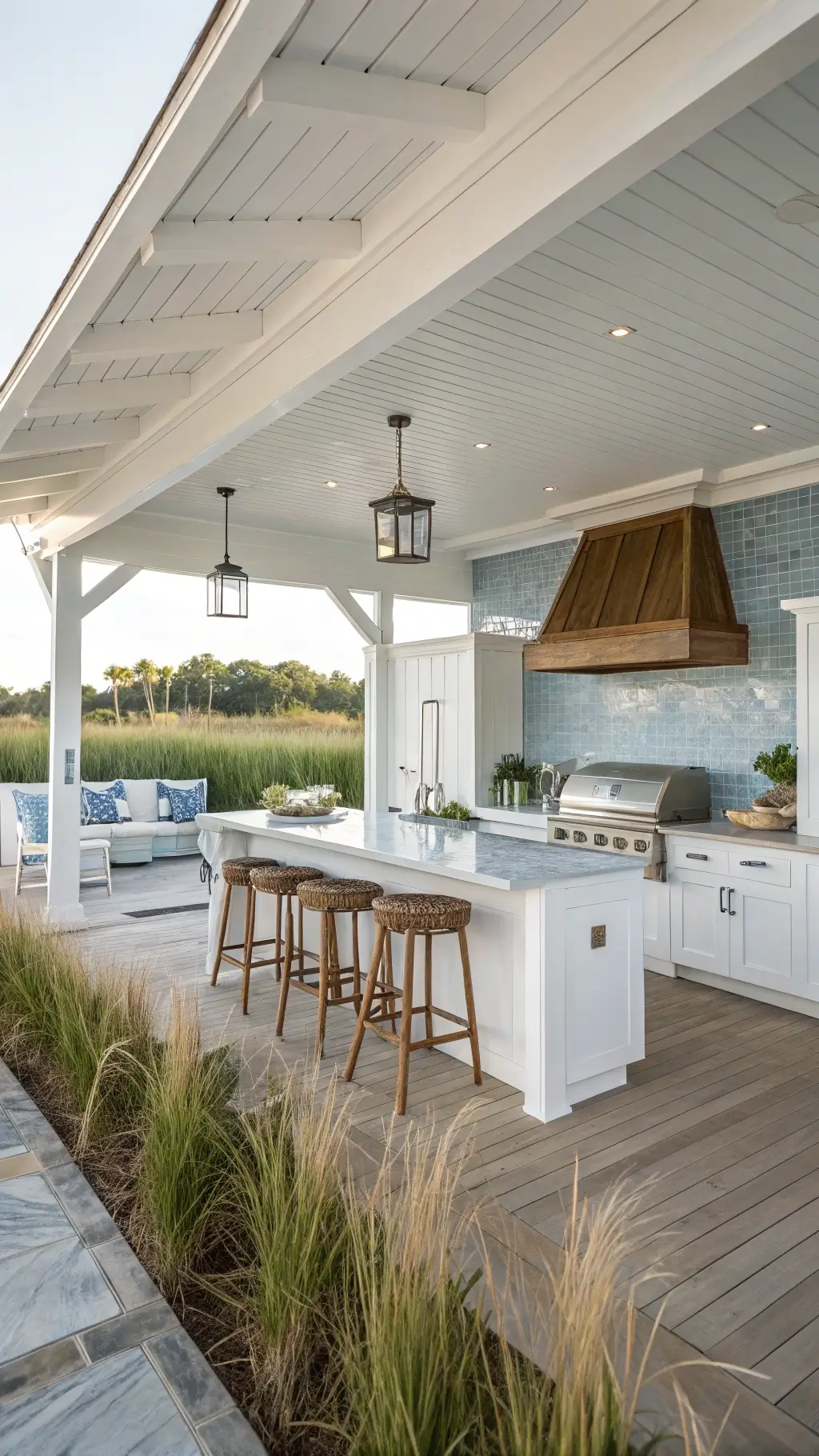 high angle view of a coastal chic outdoor kitchen pavilion in morning light, featuring white shaker cabinets, tile backsplash, marble counters, teak bar stools, and nautical rope details.