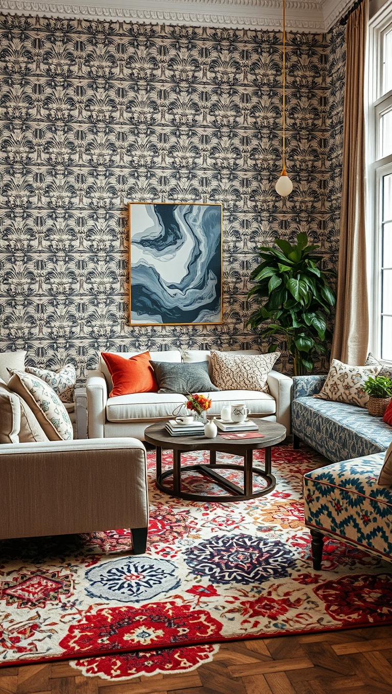 20 Vibrant Ideas to Transform Your Living Room with Patterns - Layered Rugs: A Patterned Foundation