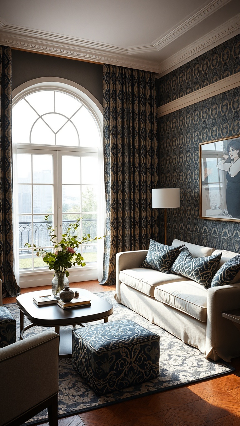 20 Vibrant Ideas to Transform Your Living Room with Patterns - Dramatic Draperies: Bold Window Treatments