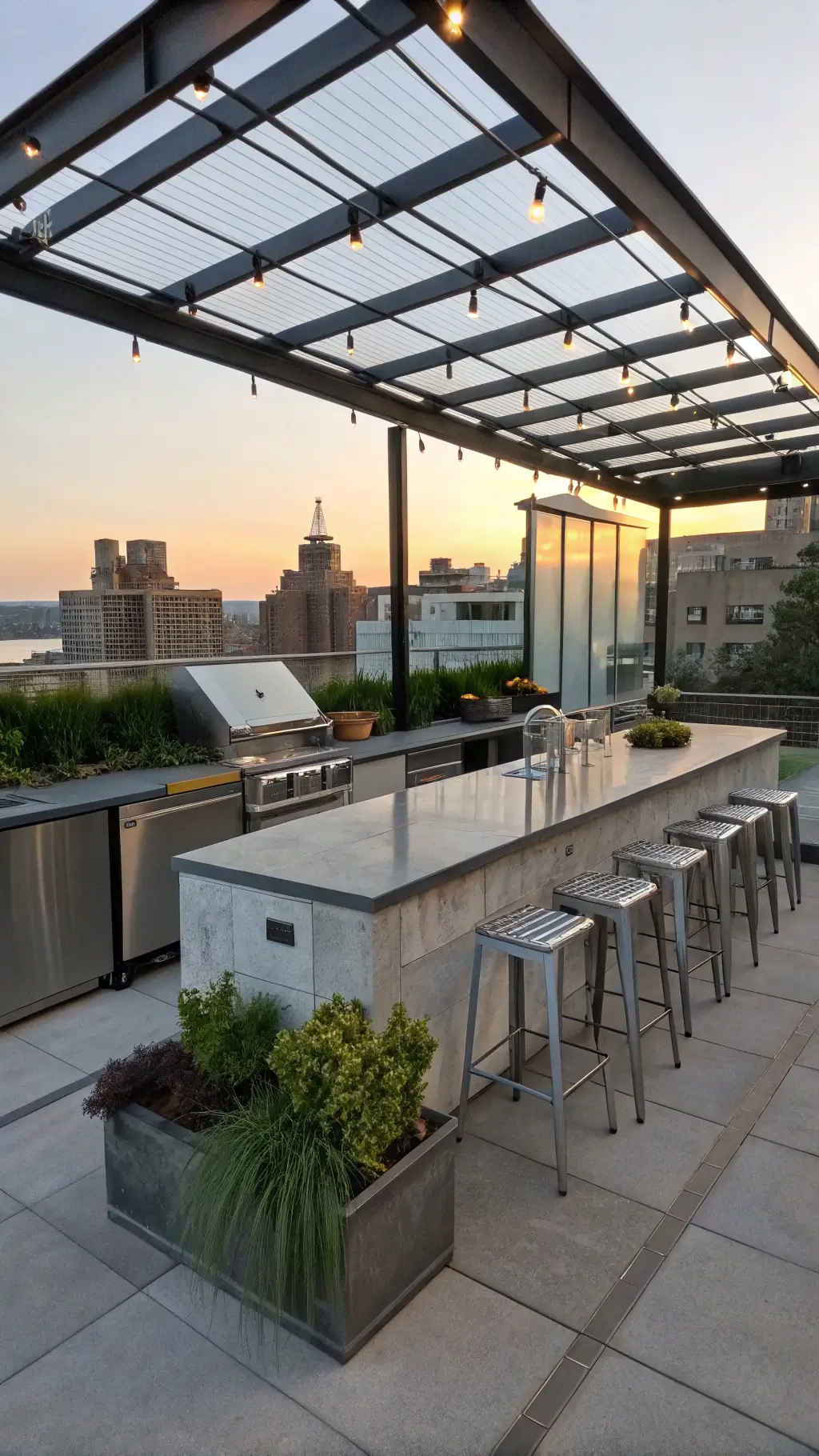 urban rooftop outdoor kitchen with glass and steel pergola, stainless appliances, corrugated metal accent wall, LED-embedded polished concrete island, bar stools, herb wall in galvanized planters, wide-angle shot during sunset with city skyline background.