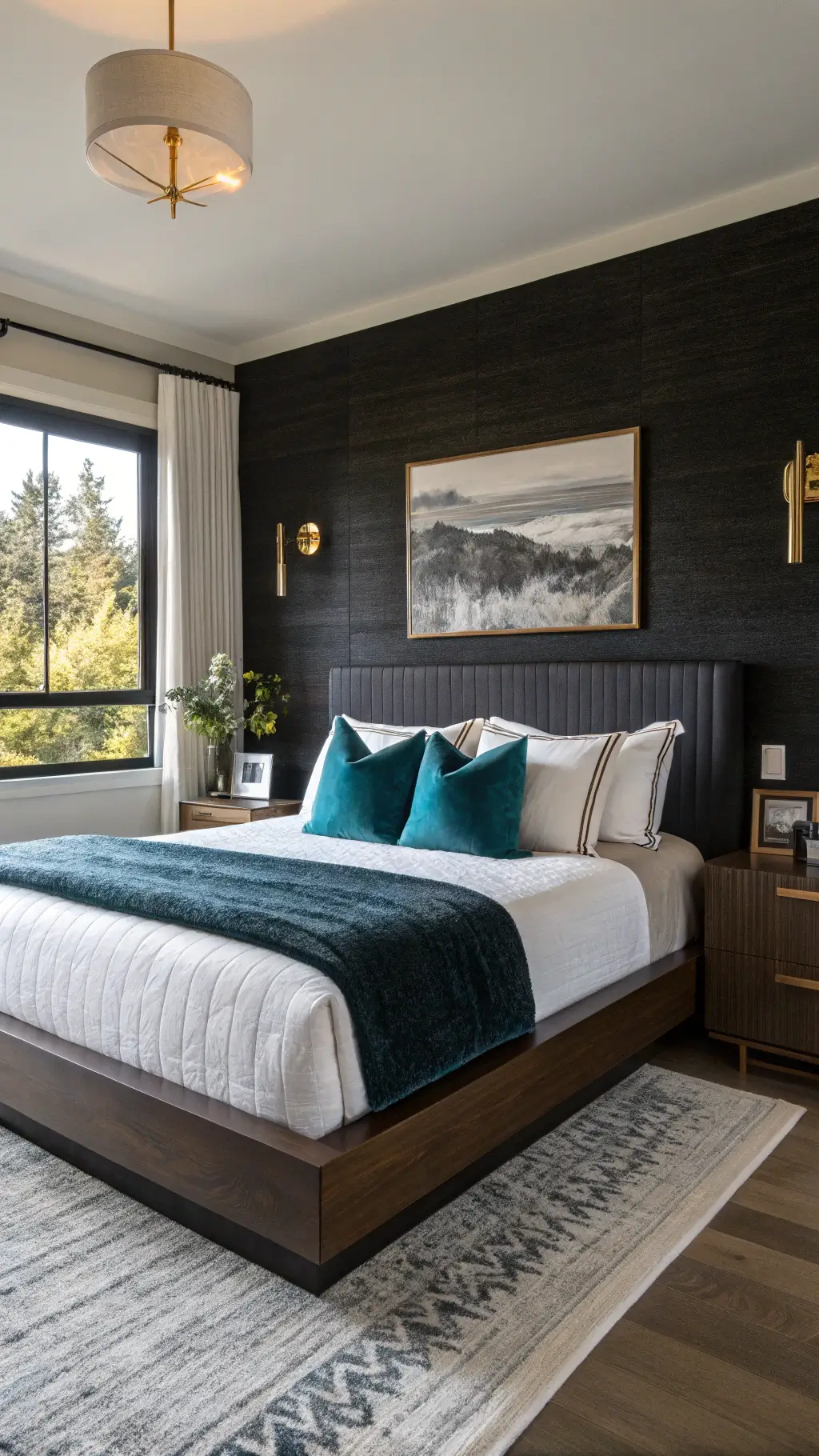 Bedroom corner with black accent wall, ebony oak platform bed, jewel-toned velvet cushions, brass sconces, and large monochrome artwork during golden hour
