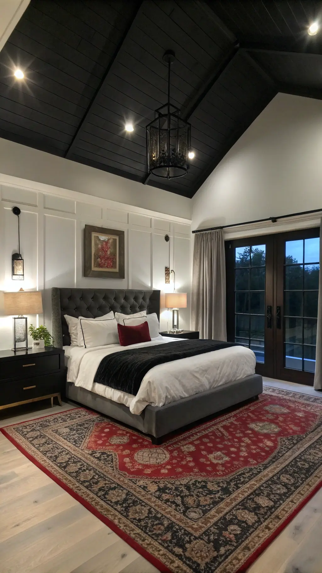Large bedroom with black ceiling, white walls, king bed dressed in black and ivory linens, Persian rug, and heavy velvet blackout curtains under soft lighting