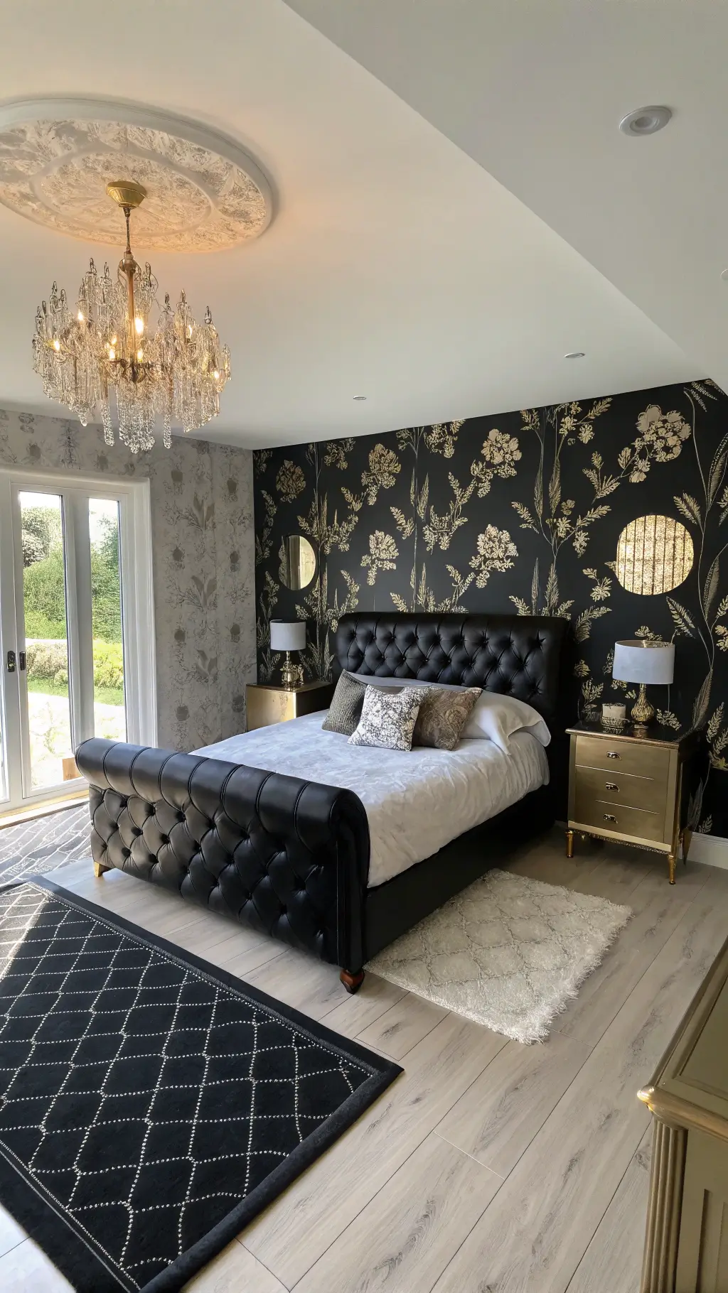 Bedroom with black floral wallpaper, leather headboard, brass mirrors, white oak floors, geometric rug, and crystal chandelier casting light patterns