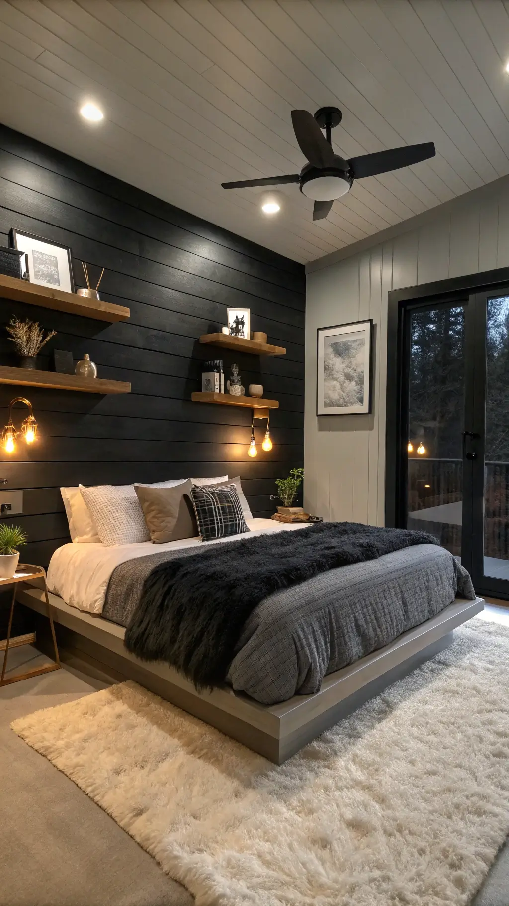 Minimalist bedroom with black shiplap wall, platform bed with charcoal linens and faux fur throws, silk pillows, black shelves with brass and ceramic decor, modern ceiling fan