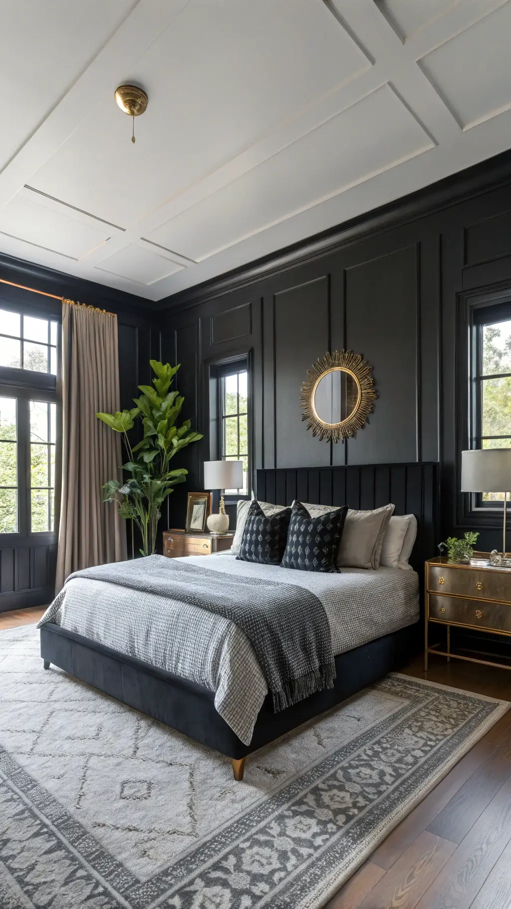 Luxurious master suite with black panel molding, king bed with black Egyptian cotton bedding, black marble side tables, brass-framed mirrors, fiddle leaf fig plant, and sheer black curtains