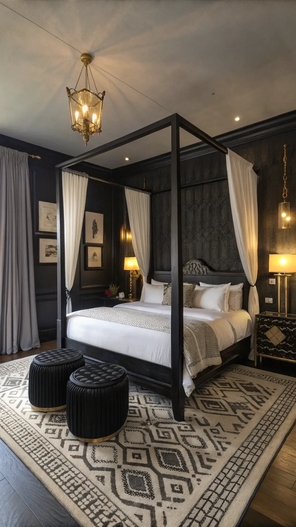 Dramatic four-poster bed in a bedroom with black Venetian plaster walls, black boucle chairs, art deco brass lighting, and cream and black Moroccan wool rug at dusk