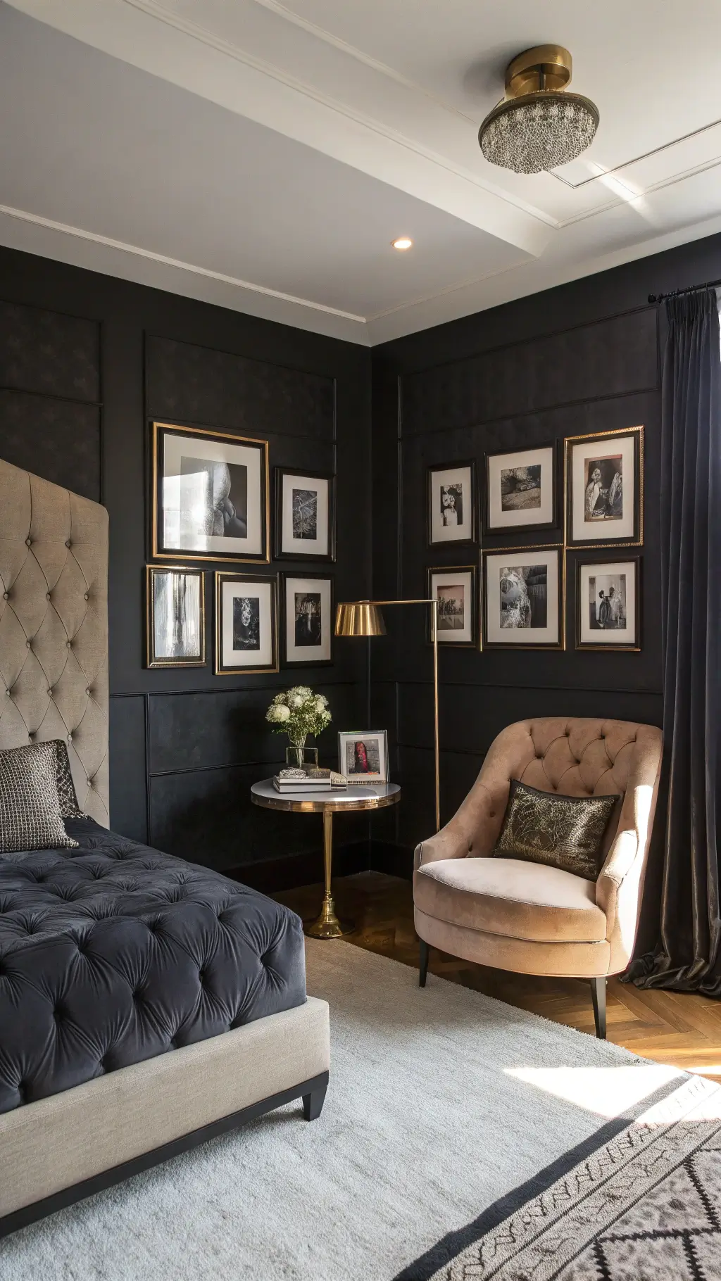 Cozy bedroom corner with black grasscloth accent wall, velvet settee, black and white photo gallery, brass floor lamp, sheer black curtains, and vintage marble side table