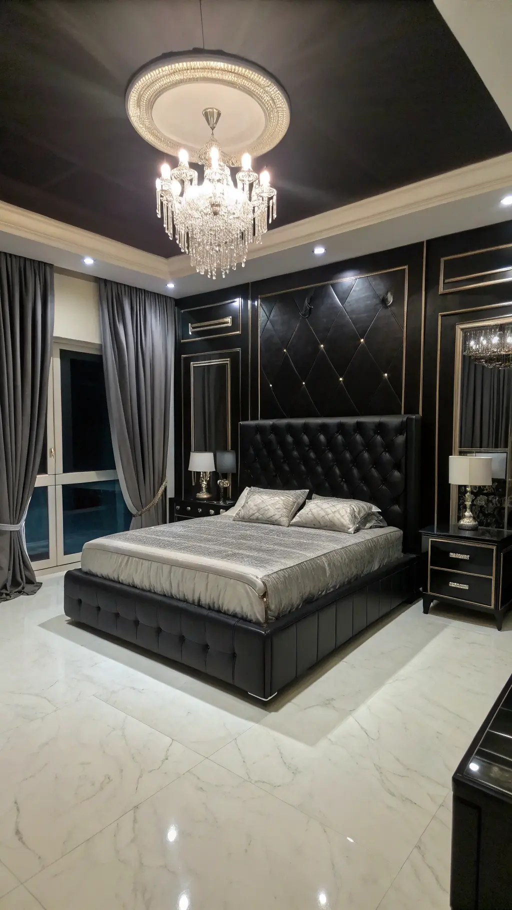 Opulent bedroom with glossy black walls, black leather king bed with LED lighting, crystal chandelier, floor-to-ceiling windows with silk curtains, and white marble flooring at night