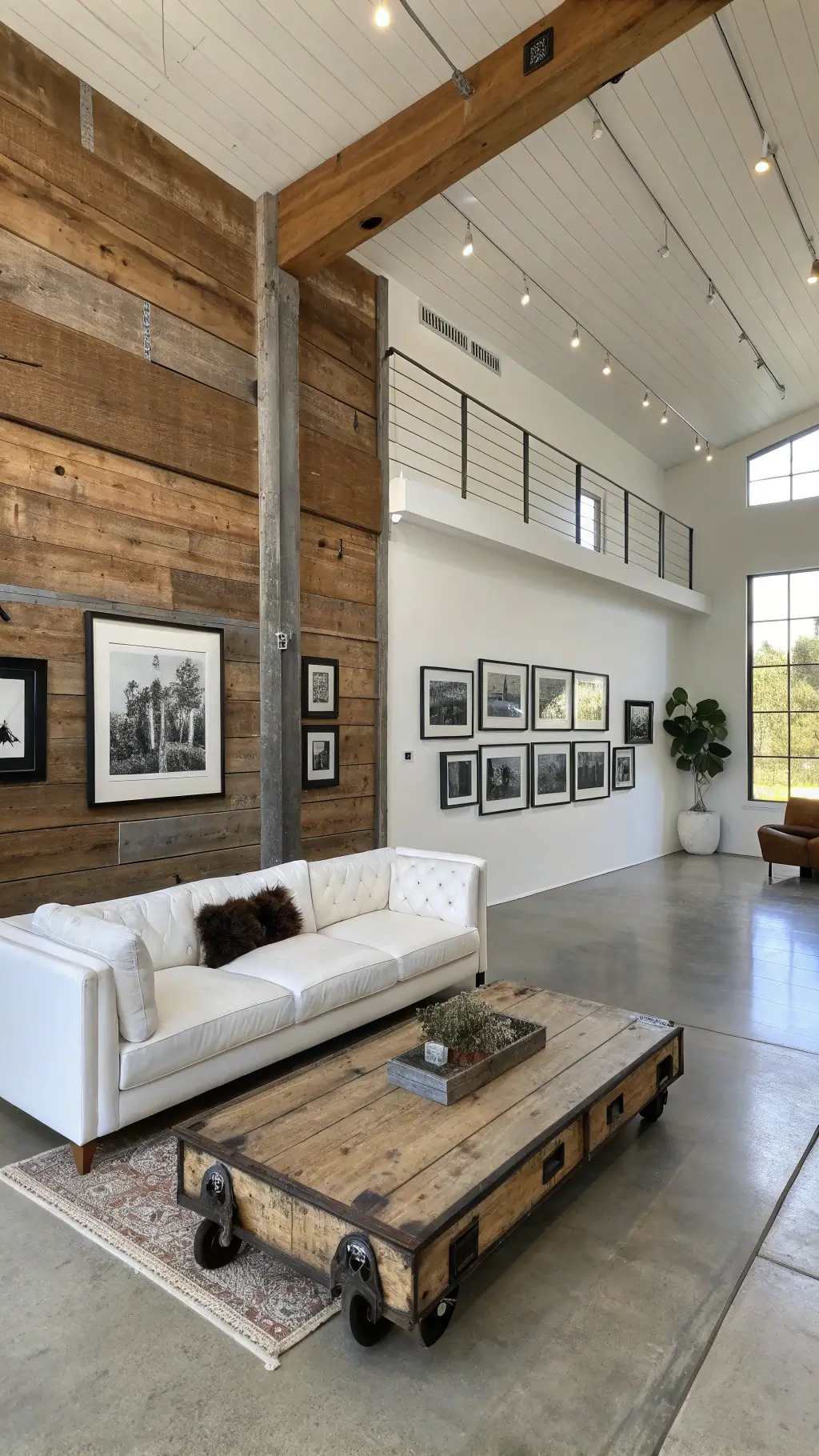 Minimalist living area with soaring ceilings, polished concrete floors, reclaimed wood accent wall, distressed leather sofa, industrial coffee table, and gallery wall featuring urban photography.