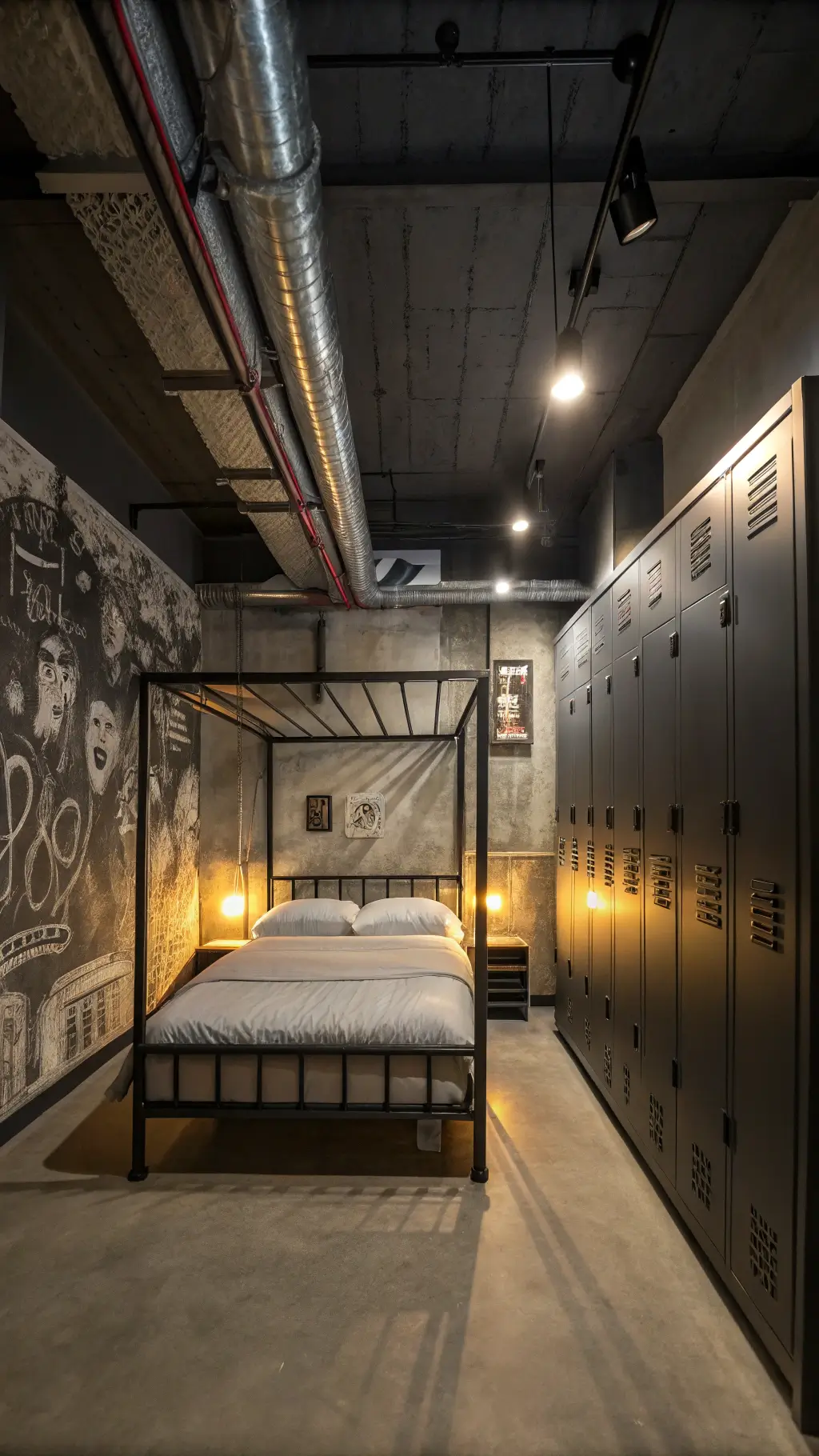 Cozy urban bedroom at twilight with exposed black ductwork, warm LED-lit metal bed frame, vintage metal lockers mounted on the wall, and monochrome graffiti wallpaper.