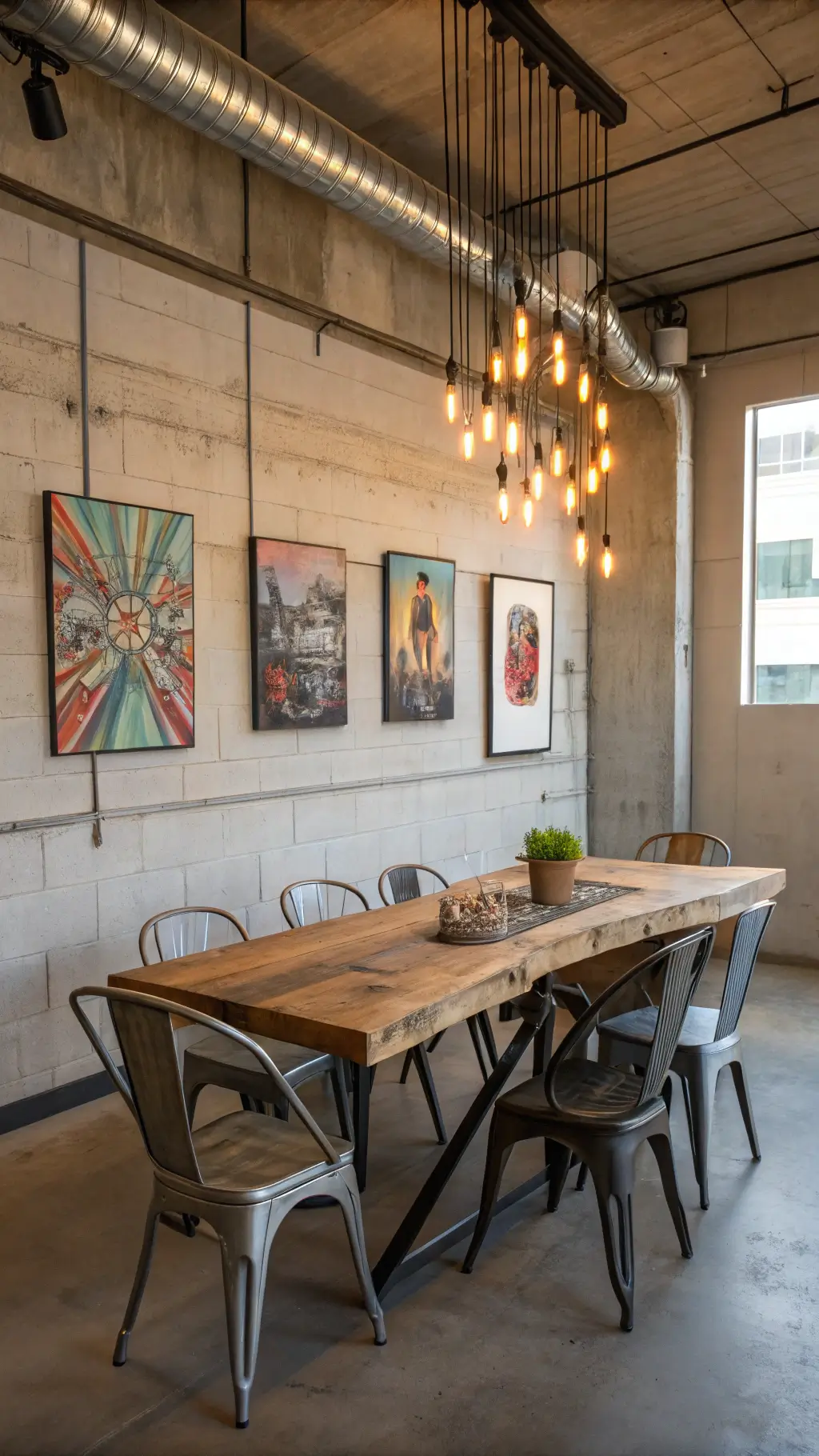 Bright dining space with reclaimed wood table, mismatched metal chairs, Edison bulb lighting, and vibrant street art on concrete walls, viewed from an angle.