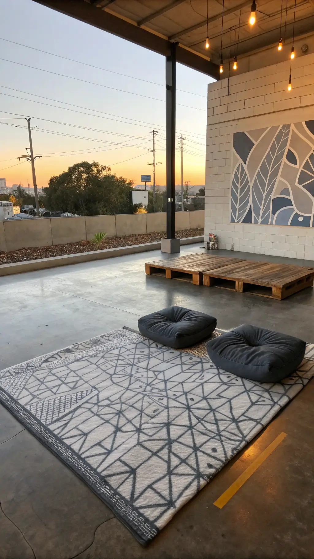 Serene urban meditation room at dawn with polished concrete floors, geometric rug in grayscale, charcoal leather cushions, reclaimed wood platform, and subtle street art mural.