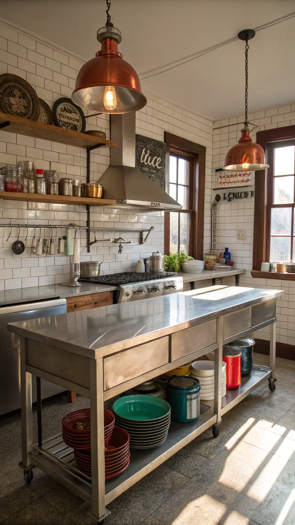 Bright eclectic kitchen with stainless steel island, colorful enamelware on open metal shelves, graffiti subway tile backsplash, and vintage copper pendant lights.
