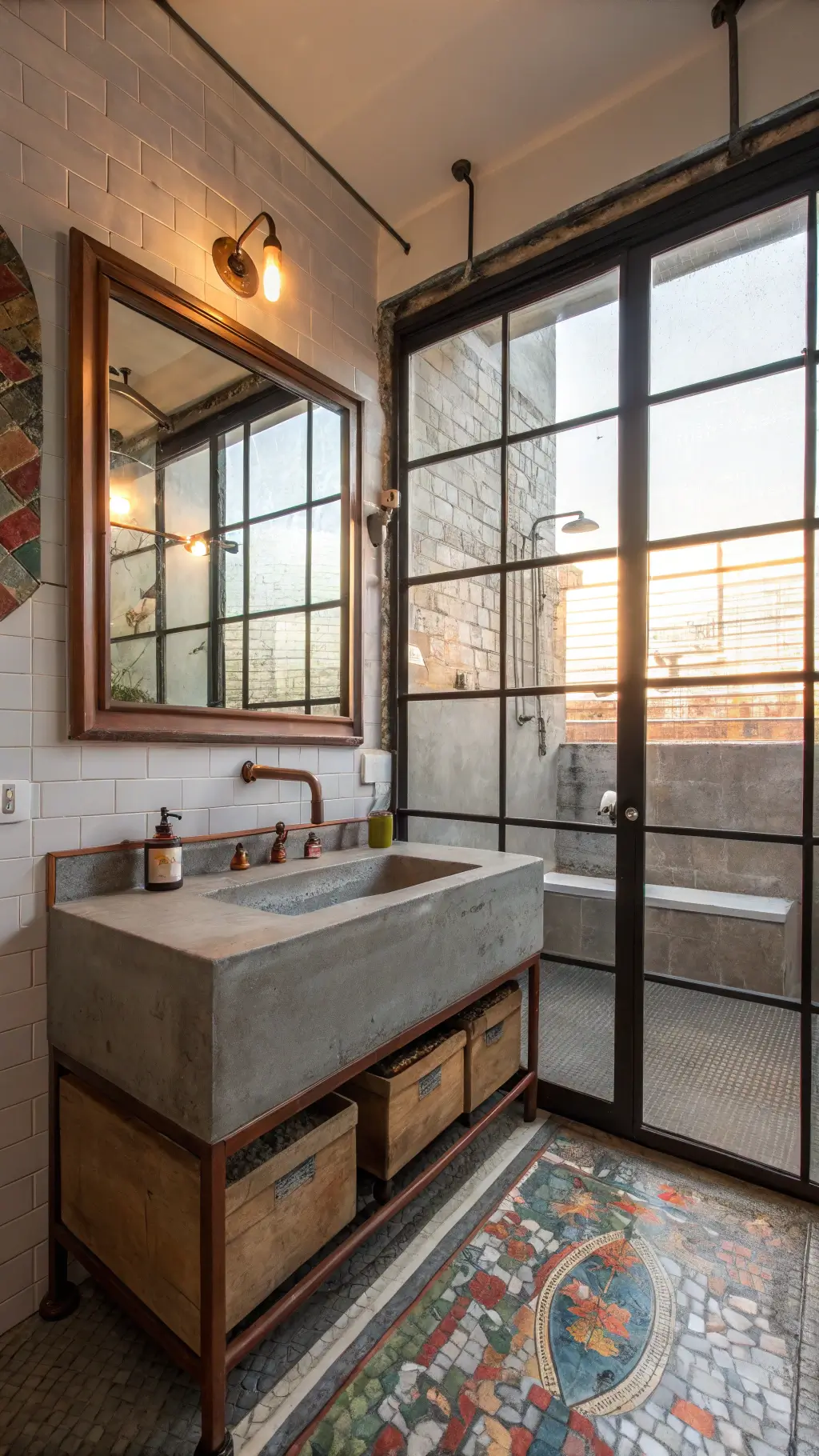Urban bathroom illuminated by morning light through industrial windows, featuring a concrete vanity with exposed copper pipes, oversized metal-framed mirror, and street art-inspired tile mosaic in the shower.