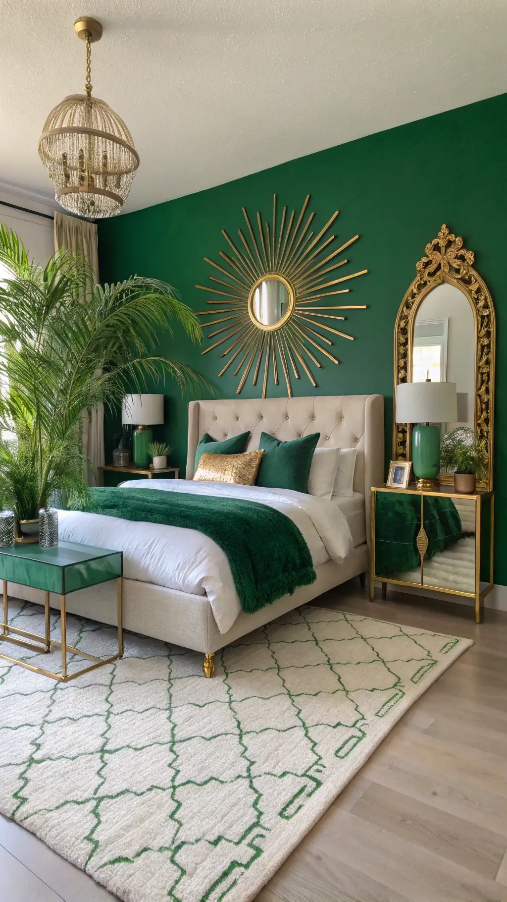 emerald green bedroom with gilded mirror and geometric rug