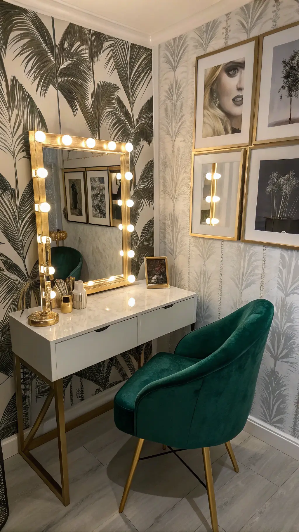 dressing area with emerald velvet chair and metallic wallpaper