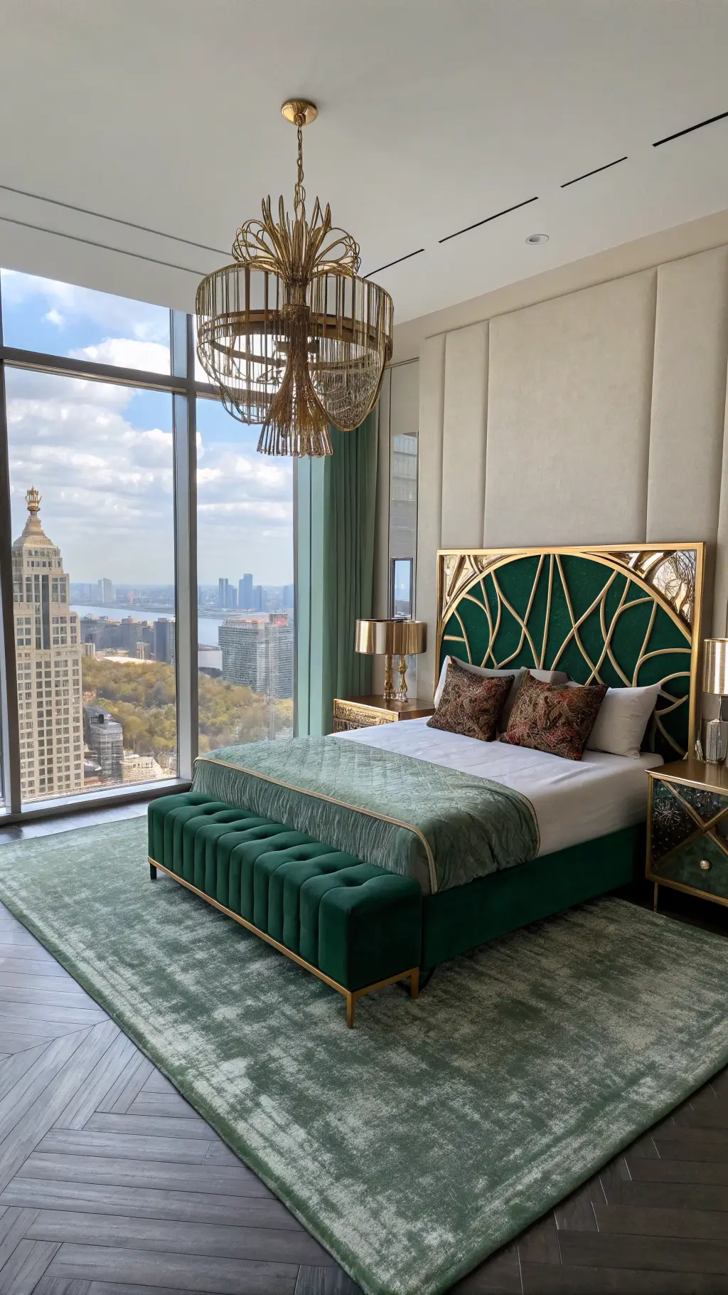 luxurious bedroom with emerald silk drapes and brass bed
