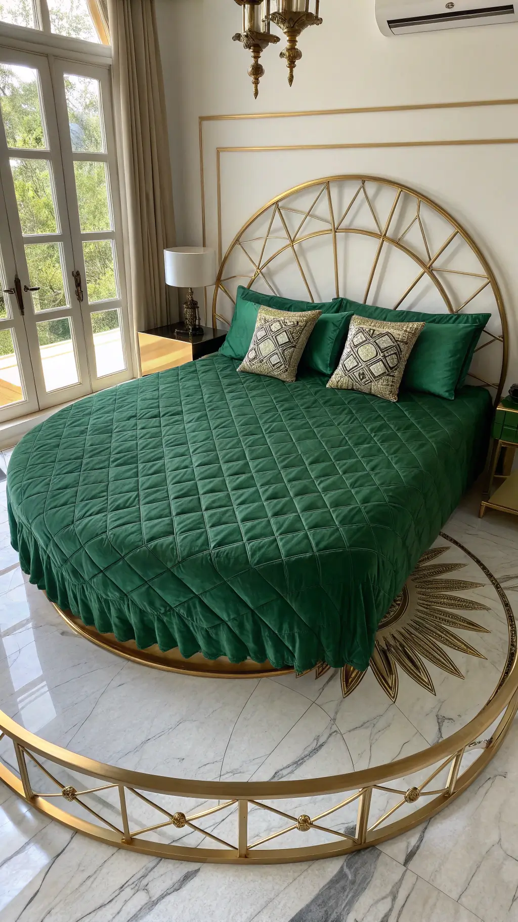 overhead view of emerald silk bedspread and brass bed