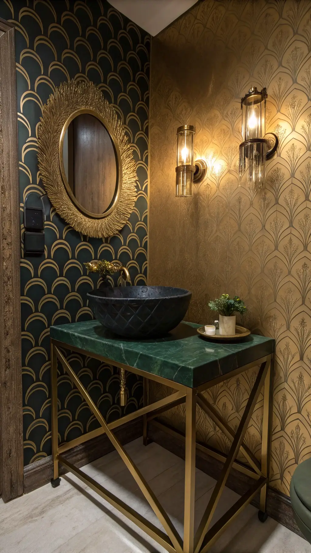 emerald marble vanity with brass base and gold wallpaper