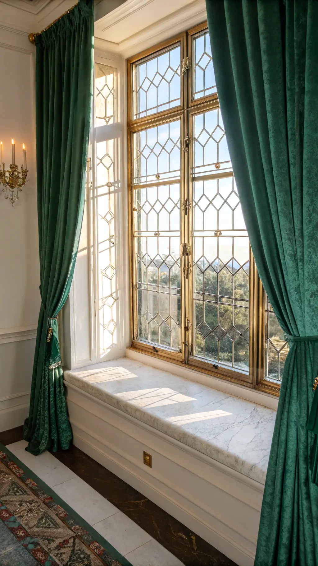 emerald velvet curtains framing art deco window wall