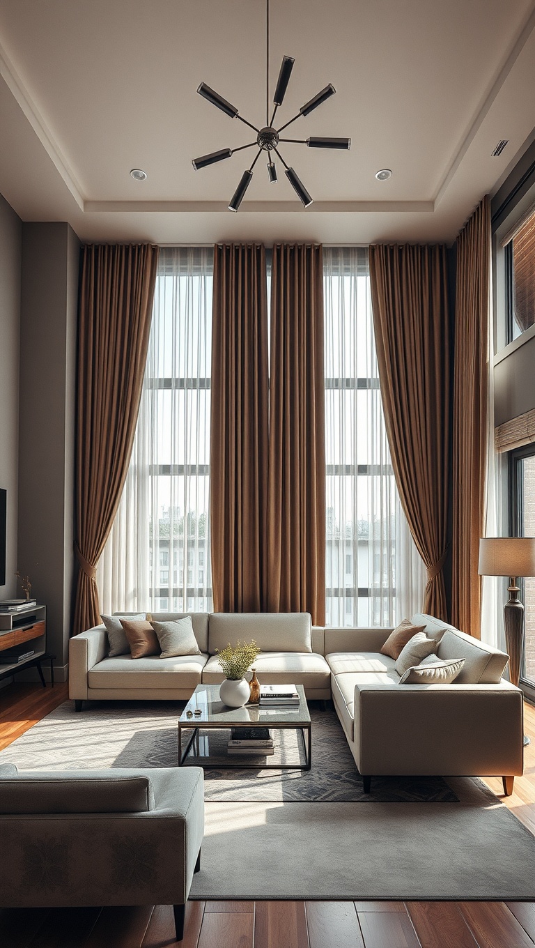 20 Stunning Ideas to Elevate Your High Ceiling Living Room - 4. Layer Textures with High Curtains