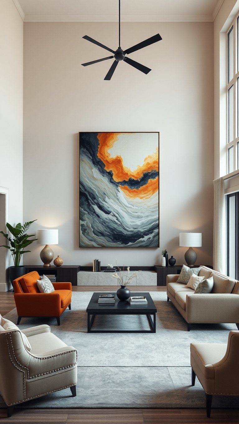 20 Stunning Ideas to Elevate Your High Ceiling Living Room - 2. Create Drama with Oversized Art Pieces