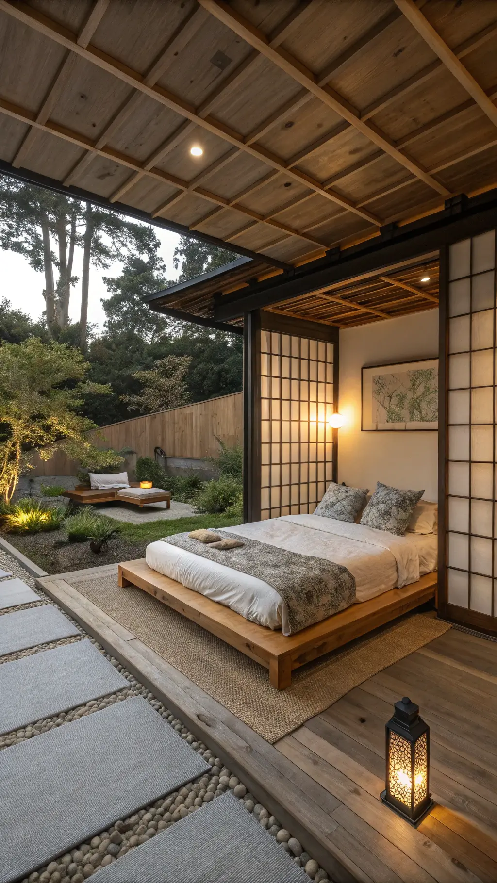 Zen sanctuary at dusk with shoji screens, teak bed, neutral linen bedding, meditation cushion on tatami mat, paper lantern lighting, and potted ferns in cream, stone, and moss tones.