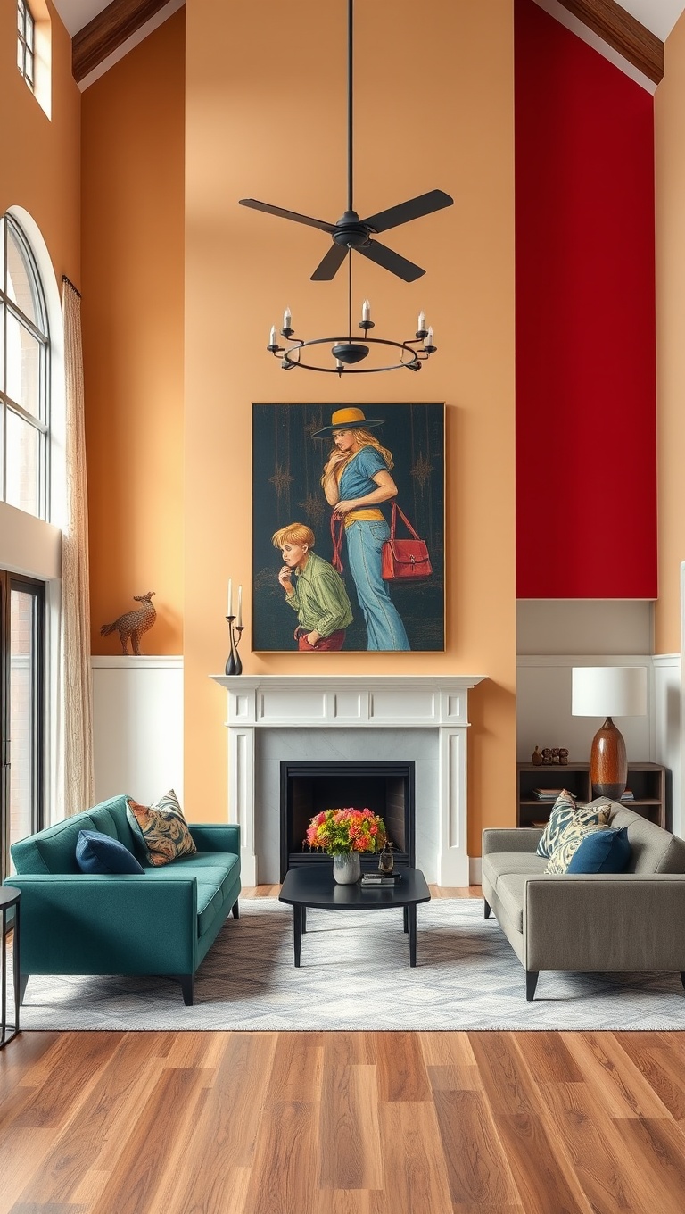 20 Stunning Ideas to Elevate Your High Ceiling Living Room - 6. Use Bold Wall Colors to Ground the Room