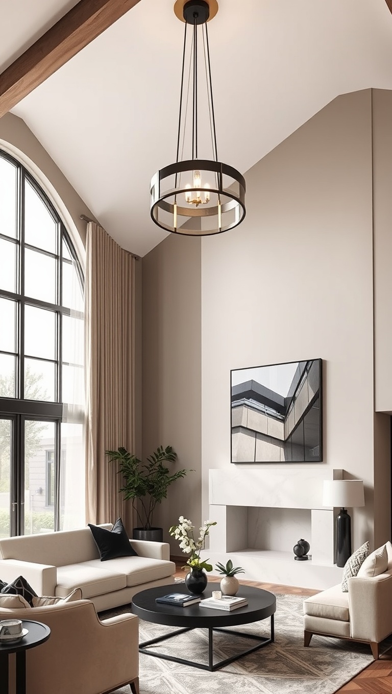 20 Stunning Ideas to Elevate Your High Ceiling Living Room - 3. Choose Statement Light Fixtures