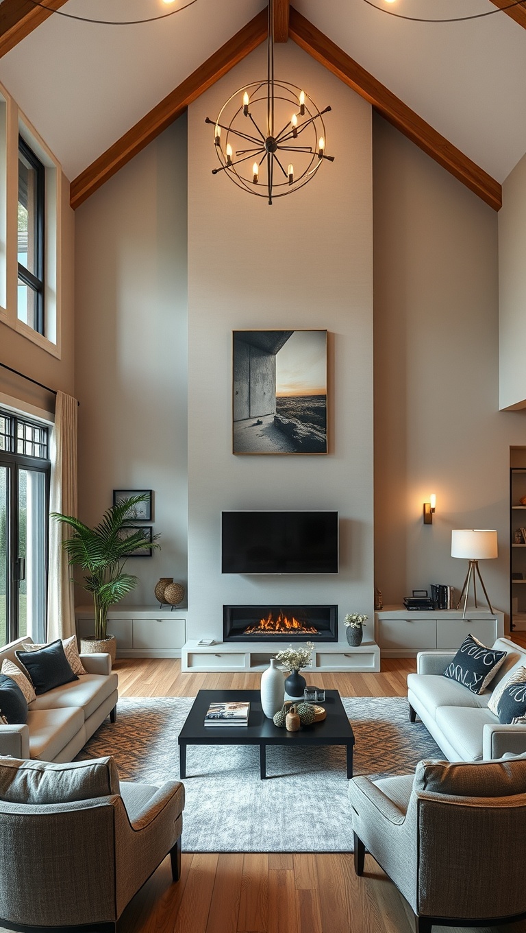 20 Stunning Ideas to Elevate Your High Ceiling Living Room - 11. Create a Focal Point with a Fireplace