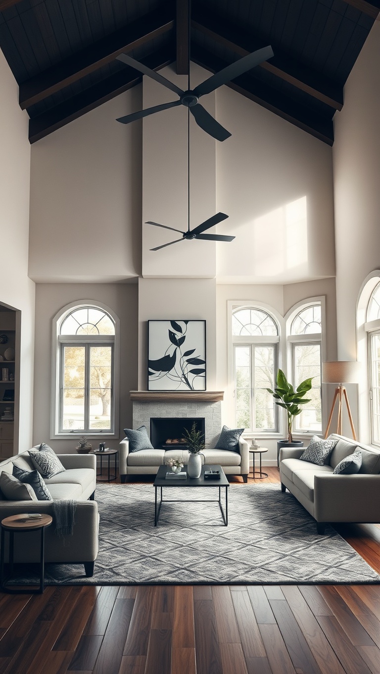 20 Stunning Ideas to Elevate Your High Ceiling Living Room - 7. Add a Statement Rug for Comfort and Style