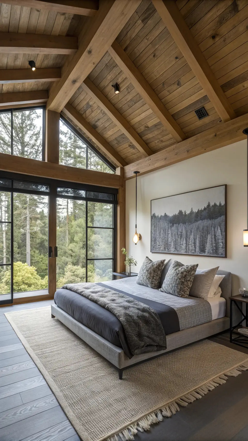 Peaceful master bedroom with wooden beams, panoramic windows with screens, floor-level futon, textured decor, black metal sconces, and abstract ink artwork in monochrome tones.