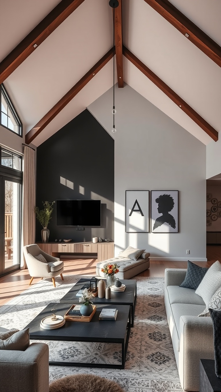 20 Stunning Ideas to Elevate Your High Ceiling Living Room - 14. Add Architectural Elements like Beams